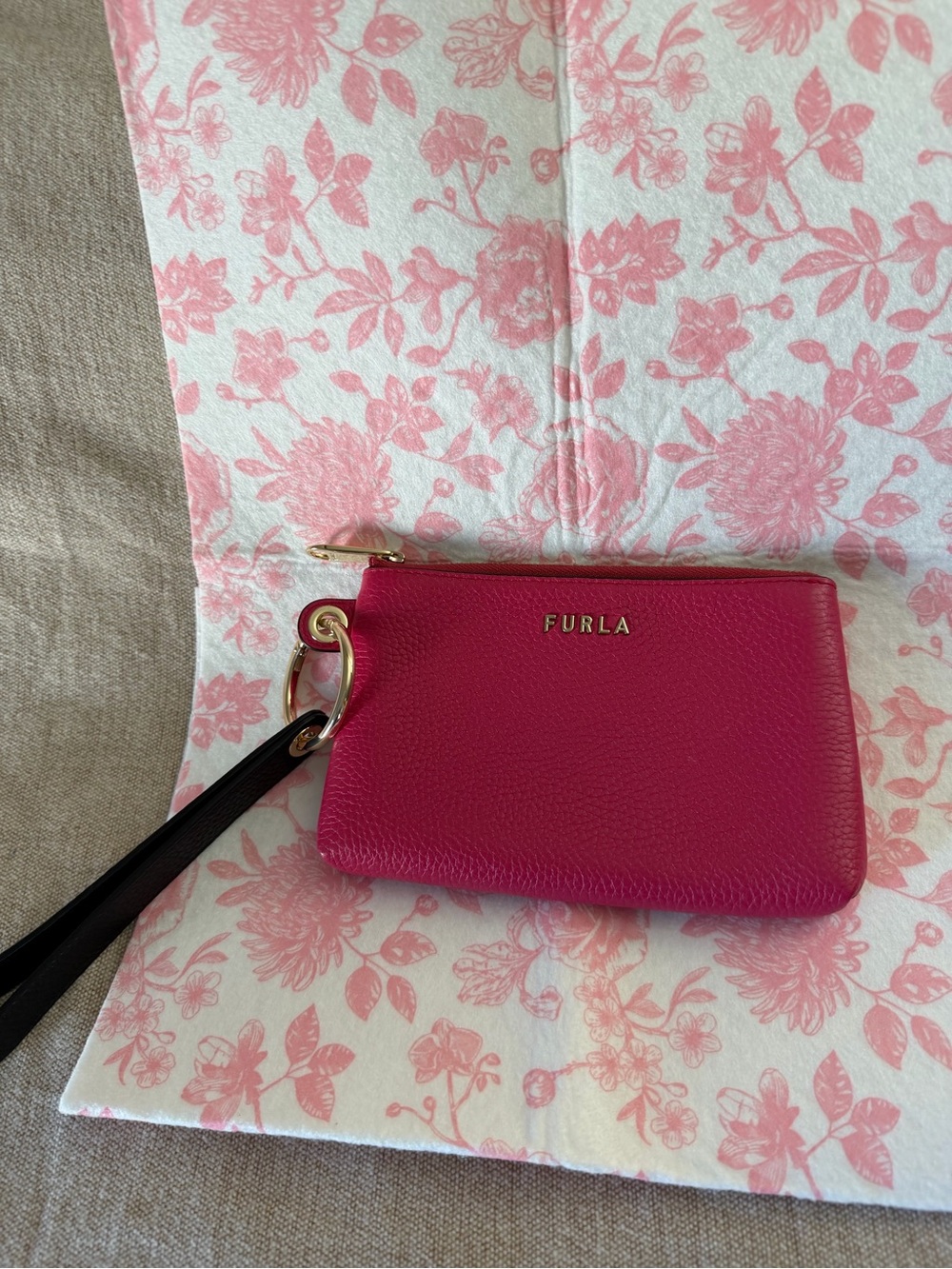 Furla Hot Pink Leather Wristlet with Black Strap